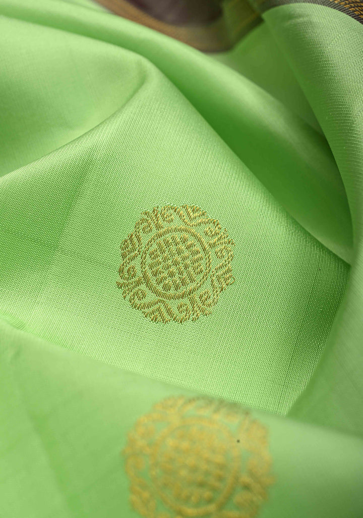 Pista Green Korvai Pure Gadwal Silk Saree with Zari Buttas and Contrast Wide Zari Border | SILK MARK CERTIFIED | SHOBITAM