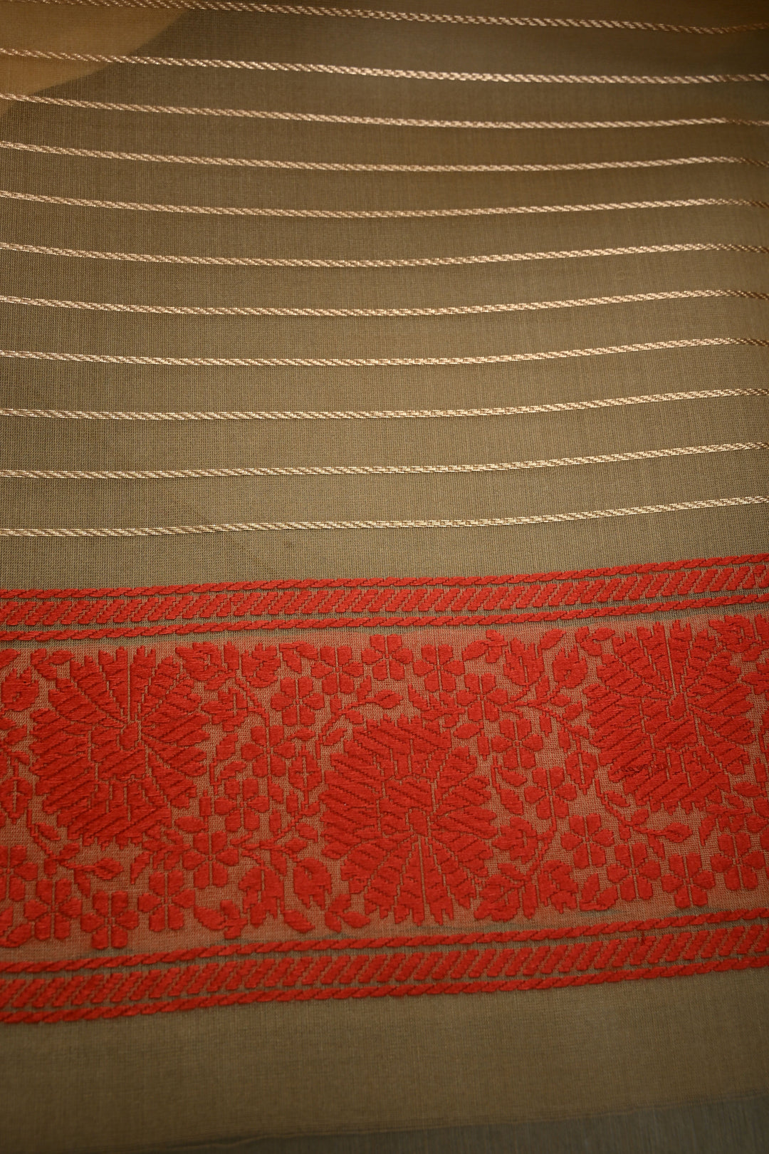 Beige Banarasi Kora Silk Saree with Resham Polka Dots and Contrast Floral Border| SILK MARK CERTIFIED | SHOBITAM
