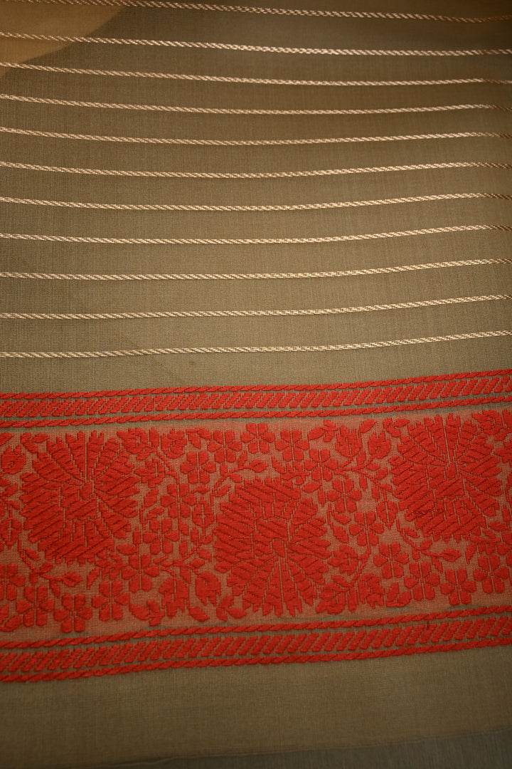 Beige Banarasi Kora Silk Saree with Resham Polka Dots and Contrast Floral Border| SILK MARK CERTIFIED | SHOBITAM