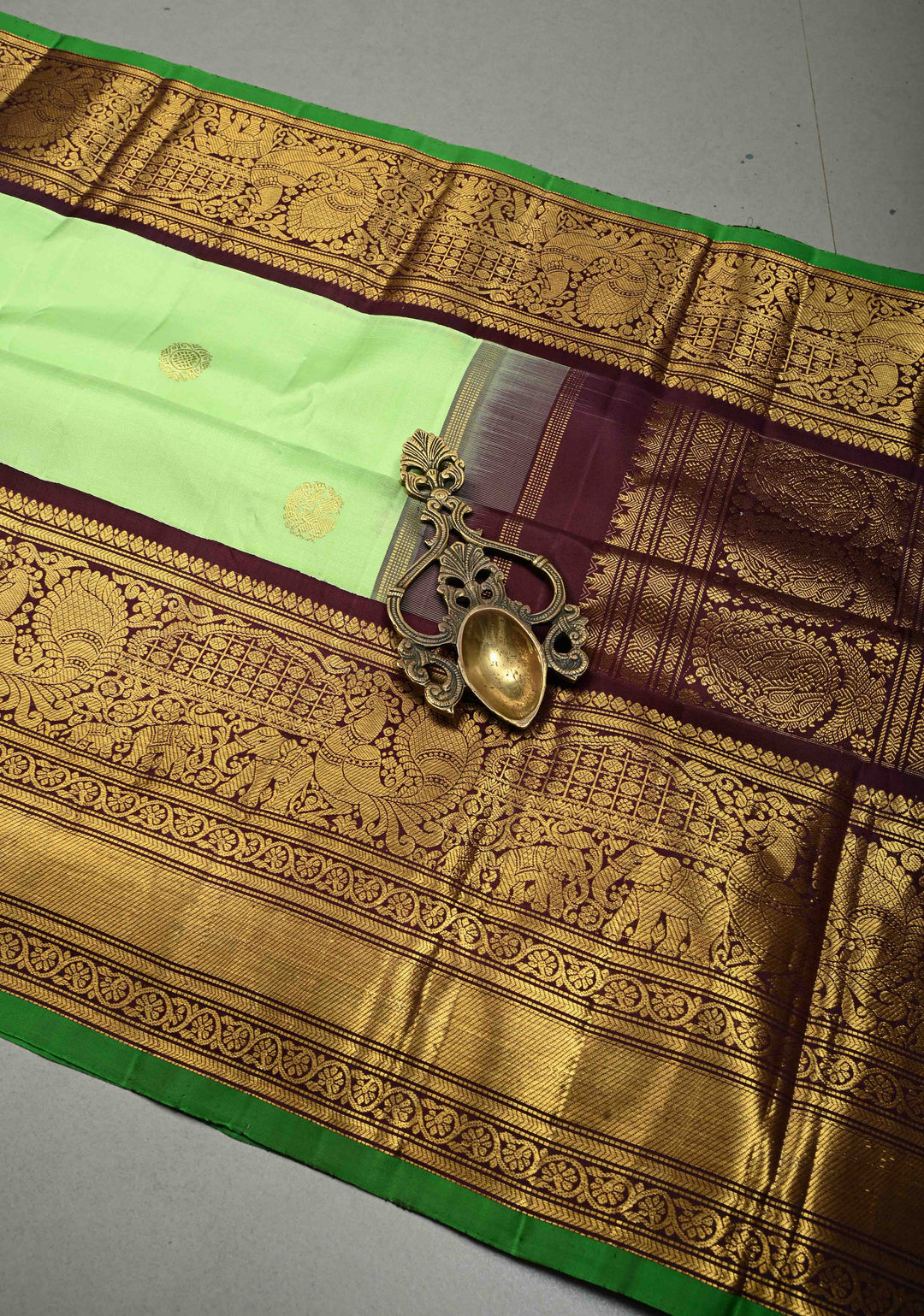 Pista Green Korvai Pure Gadwal Silk Saree with Zari Buttas and Contrast Wide Zari Border | SILK MARK CERTIFIED | SHOBITAM