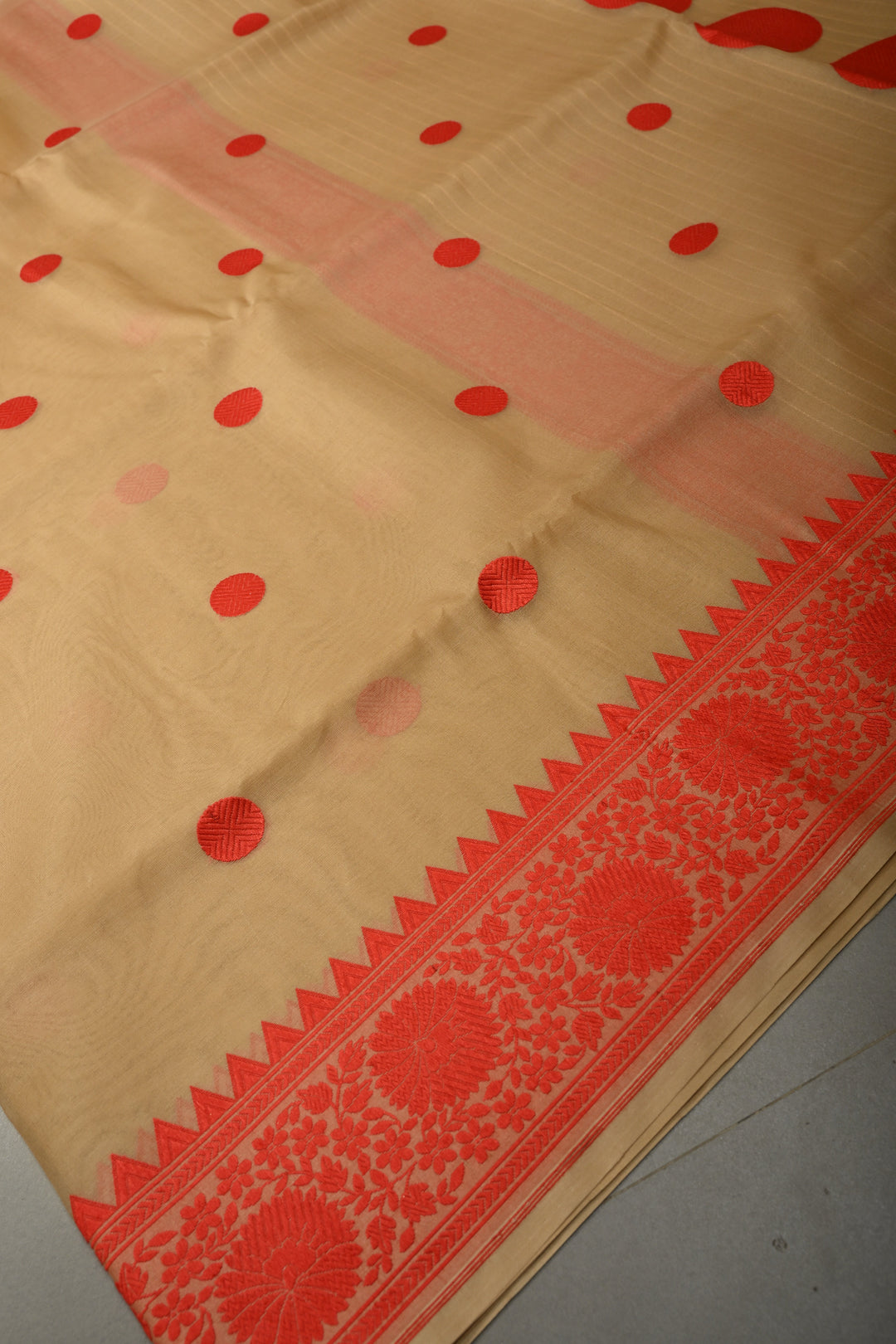 Beige Banarasi Kora Silk Saree with Resham Polka Dots and Contrast Floral Border| SILK MARK CERTIFIED | SHOBITAM