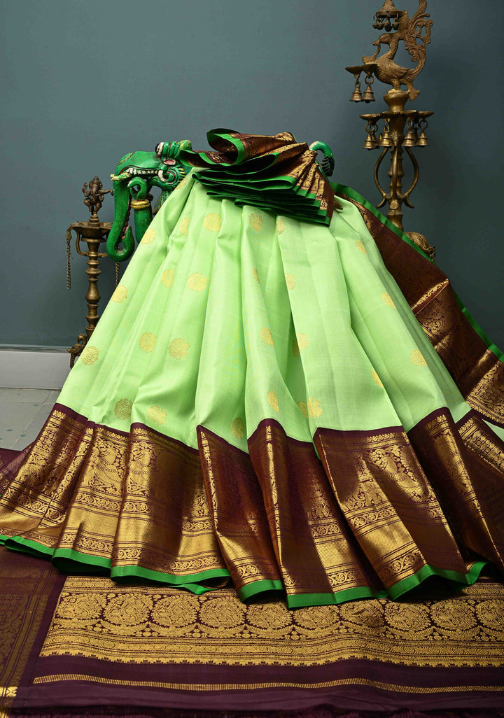 Pista Green Korvai Pure Gadwal Silk Saree with Zari Buttas and Contrast Wide Zari Border | SILK MARK CERTIFIED | SHOBITAM