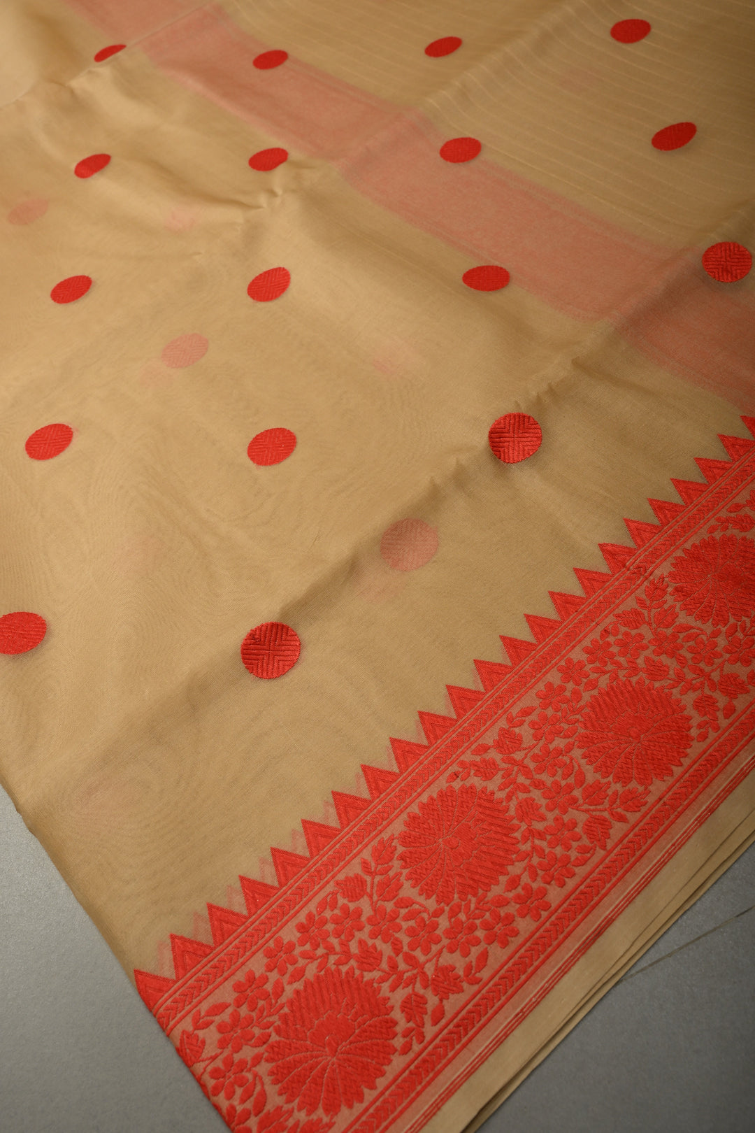Beige Banarasi Kora Silk Saree with Resham Polka Dots and Contrast Floral Border| SILK MARK CERTIFIED | SHOBITAM