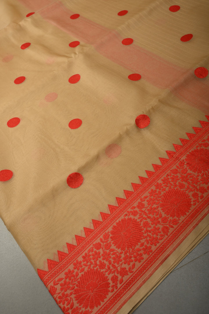 Beige Banarasi Kora Silk Saree with Resham Polka Dots and Contrast Floral Border| SILK MARK CERTIFIED | SHOBITAM