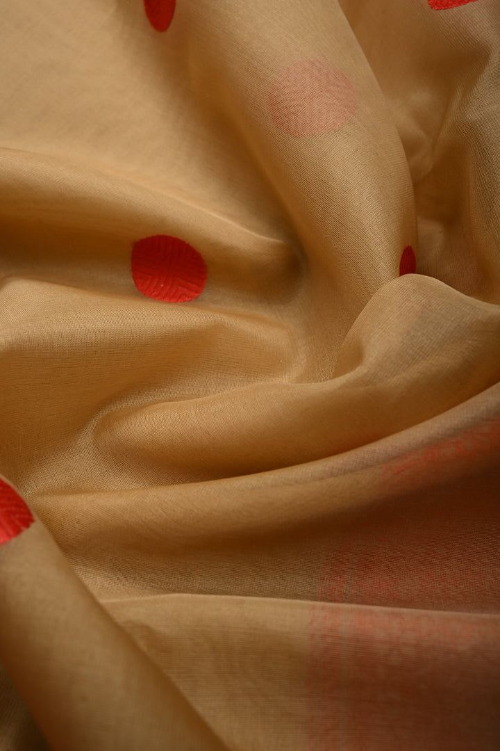 Beige Banarasi Kora Silk Saree with Resham Polka Dots and Contrast Floral Border| SILK MARK CERTIFIED | SHOBITAM