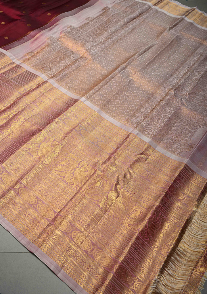 Deep Maroon Gadwal Silk Saree with Zari Buttas and Contrast Wide 16" Zari Border | SILK MARK CERTIFIED | SHOBITAM
