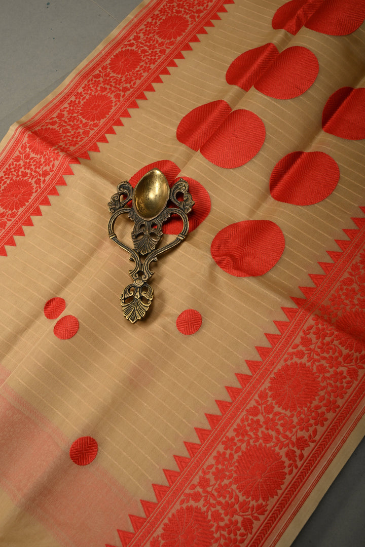 Beige Banarasi Kora Silk Saree with Resham Polka Dots and Contrast Floral Border| SILK MARK CERTIFIED | SHOBITAM