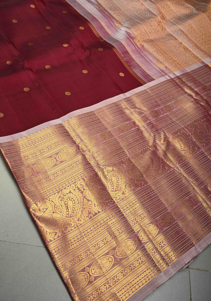 Deep Maroon Gadwal Silk Saree with Zari Buttas and Contrast Wide 16" Zari Border | SILK MARK CERTIFIED | SHOBITAM