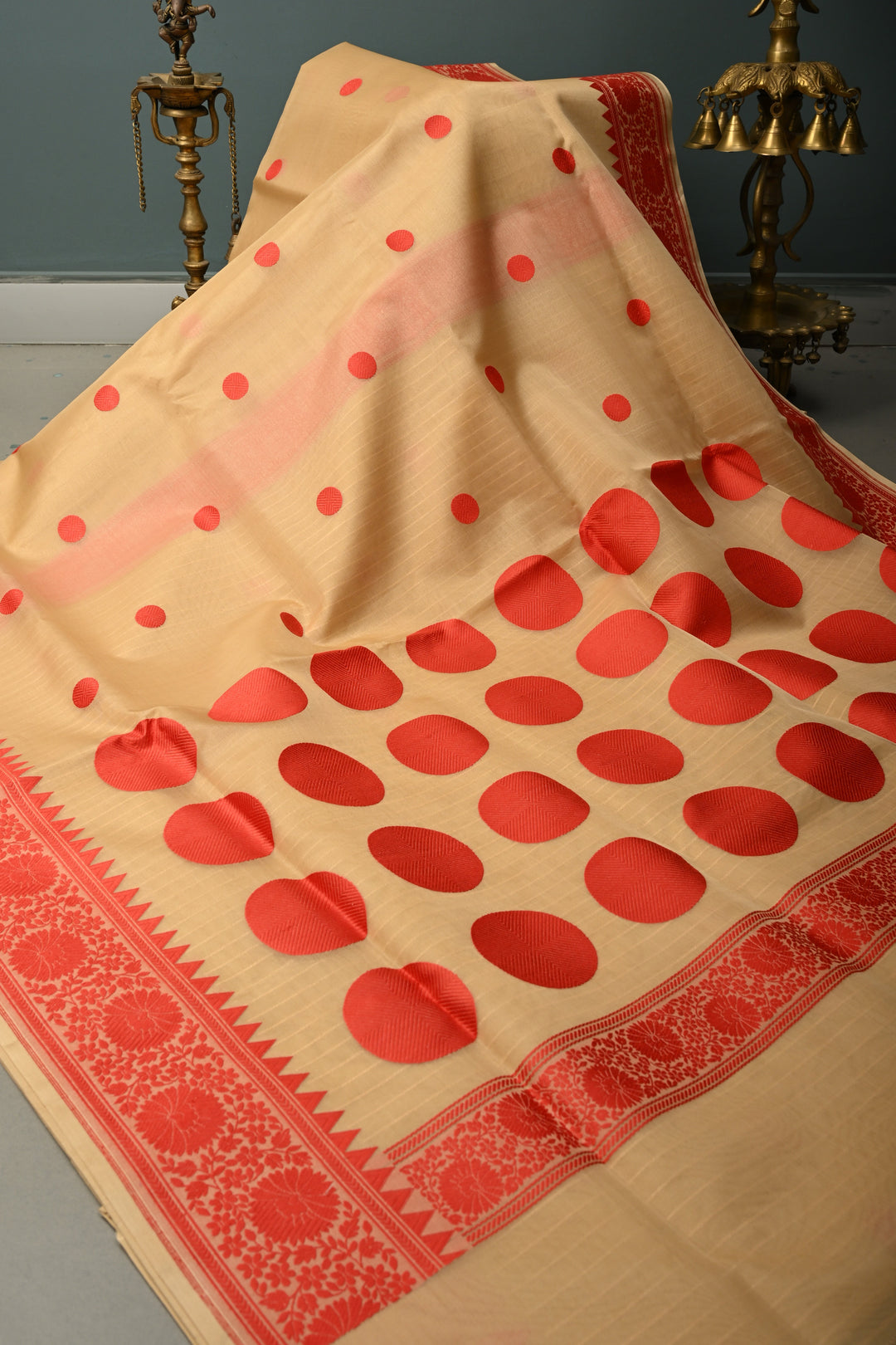 Beige Banarasi Kora Silk Saree with Resham Polka Dots and Contrast Floral Border| SILK MARK CERTIFIED | SHOBITAM