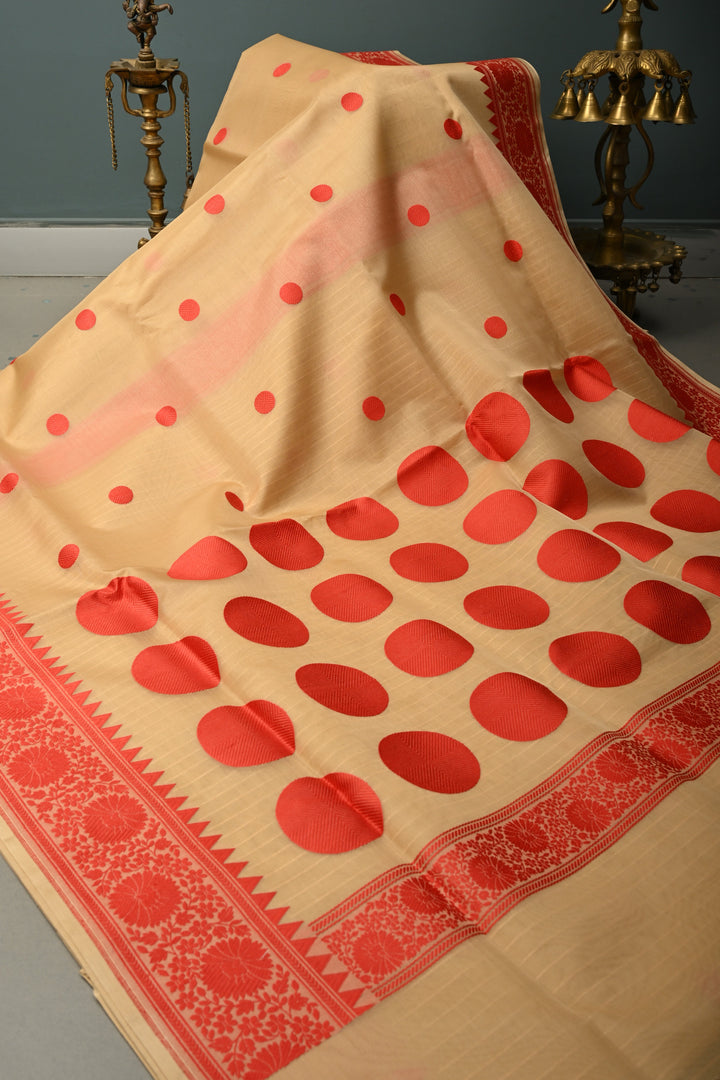 Beige Banarasi Kora Silk Saree with Resham Polka Dots and Contrast Floral Border| SILK MARK CERTIFIED | SHOBITAM