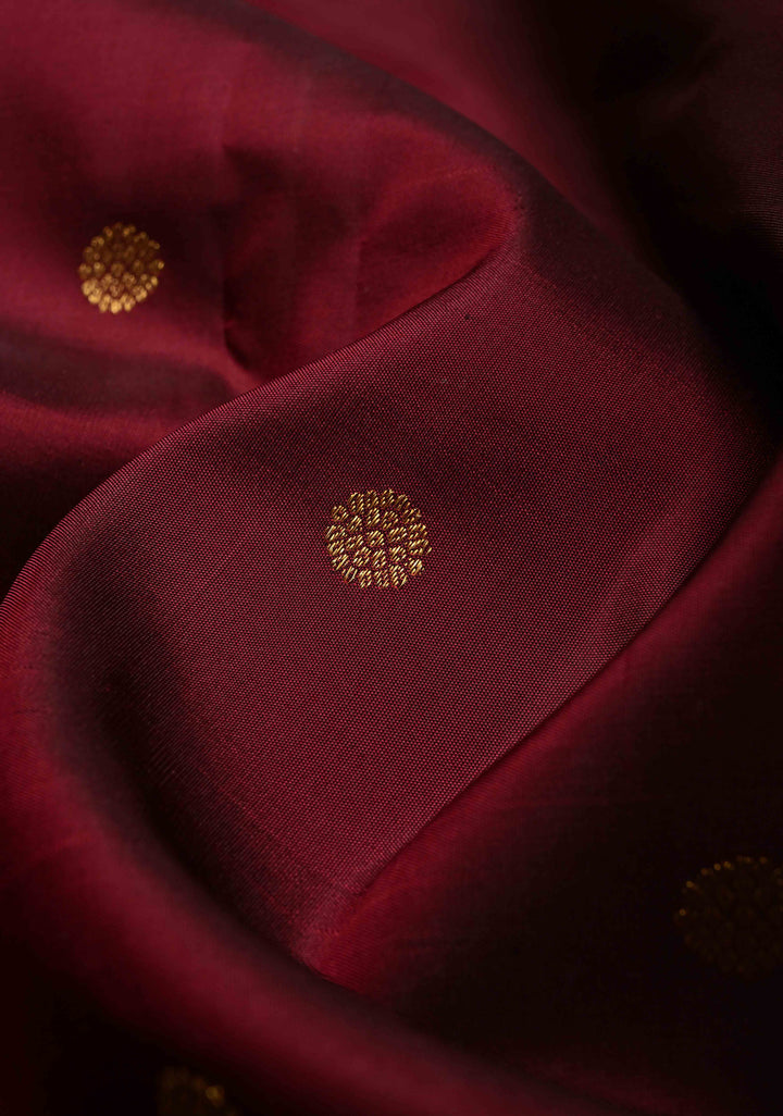 Deep Maroon Gadwal Silk Saree with Zari Buttas and Contrast Wide 16" Zari Border | SILK MARK CERTIFIED | SHOBITAM