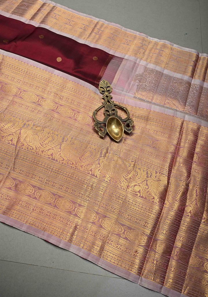 Deep Maroon Gadwal Silk Saree with Zari Buttas and Contrast Wide 16" Zari Border | SILK MARK CERTIFIED | SHOBITAM