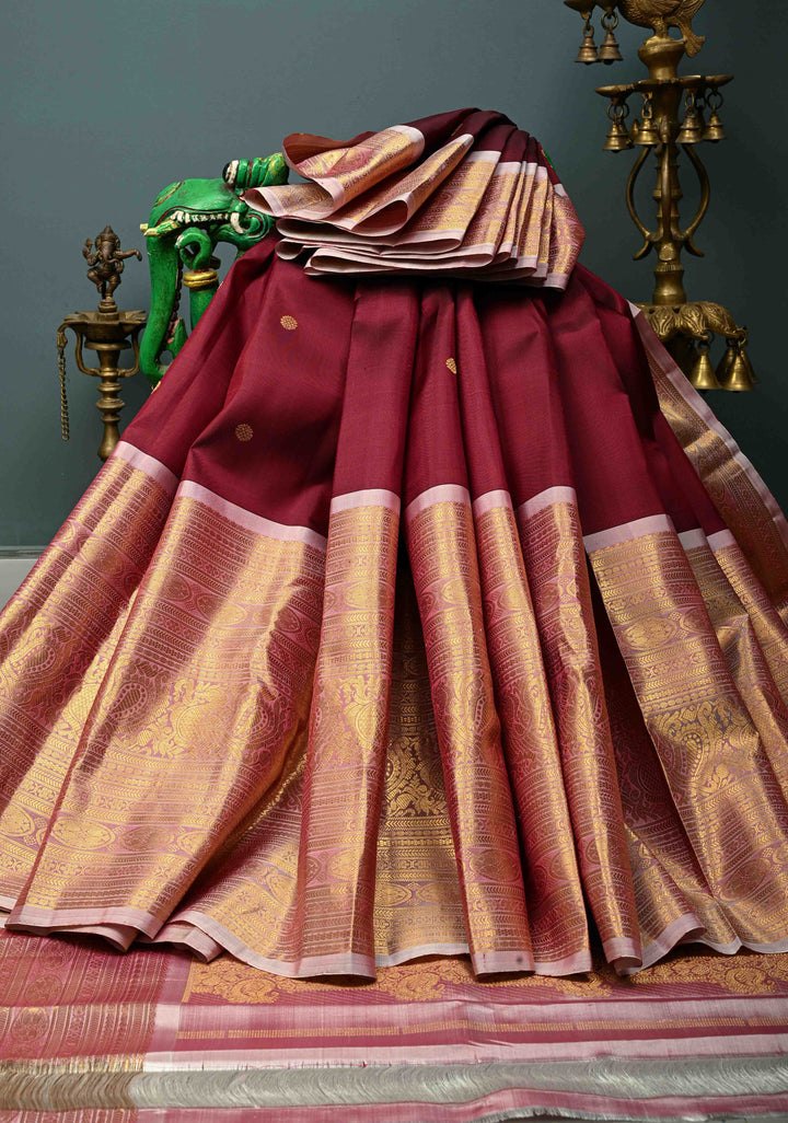Deep Maroon Gadwal Silk Saree with Zari Buttas and Contrast Wide 16" Zari Border | SILK MARK CERTIFIED | SHOBITAM