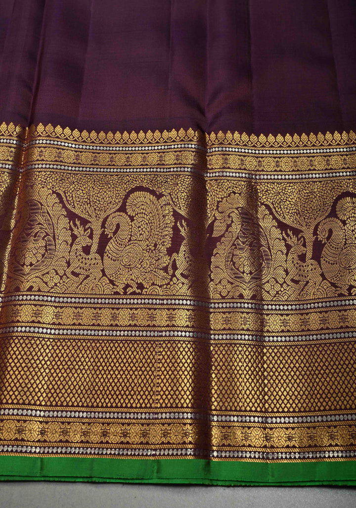 Grayish Amethyst Pure Gadwal Silk Saree with Gold & Silver Ornate Zari Stripes and Contrast Wide Zari Border | SILK MARK CERTIFIED | SHOBITAM