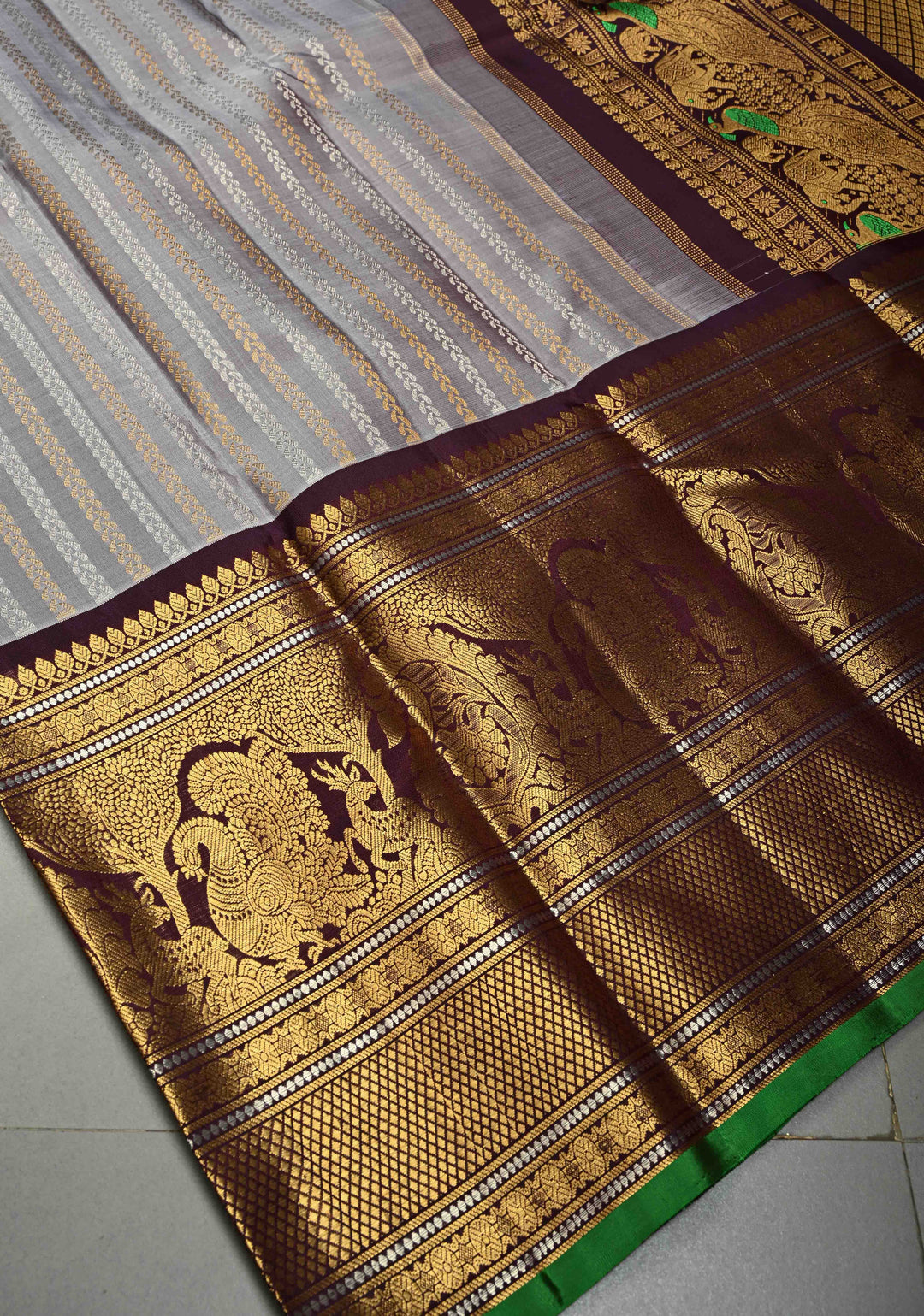 Grayish Amethyst Pure Gadwal Silk Saree with Gold & Silver Ornate Zari Stripes and Contrast Wide Zari Border | SILK MARK CERTIFIED | SHOBITAM