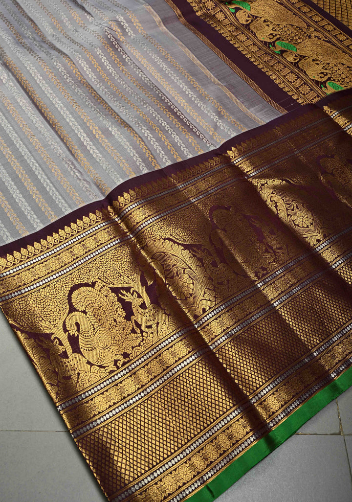 Grayish Amethyst Pure Gadwal Silk Saree with Gold & Silver Ornate Zari Stripes and Contrast Wide Zari Border | SILK MARK CERTIFIED | SHOBITAM