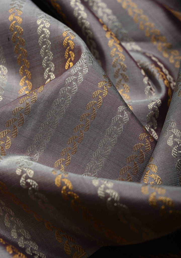 Grayish Amethyst Pure Gadwal Silk Saree with Gold & Silver Ornate Zari Stripes and Contrast Wide Zari Border | SILK MARK CERTIFIED | SHOBITAM