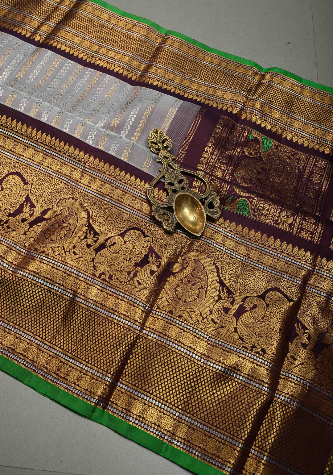 Grayish Amethyst Pure Gadwal Silk Saree with Gold & Silver Ornate Zari Stripes and Contrast Wide Zari Border | SILK MARK CERTIFIED | SHOBITAM