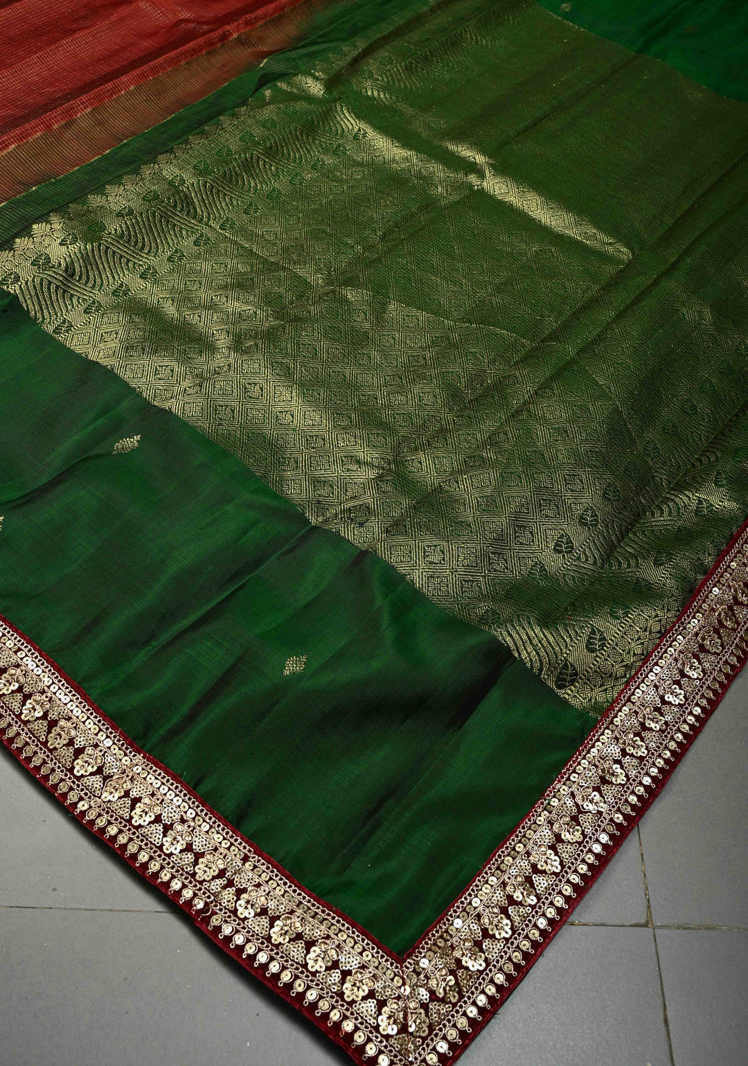 Maroon Zari Checks on Pure Kanjivaram Silk Saree with Zari Buttas on Contrast Panel and Sequins Lace Border | SILK MARK CERTIFIED | SHOBITAM