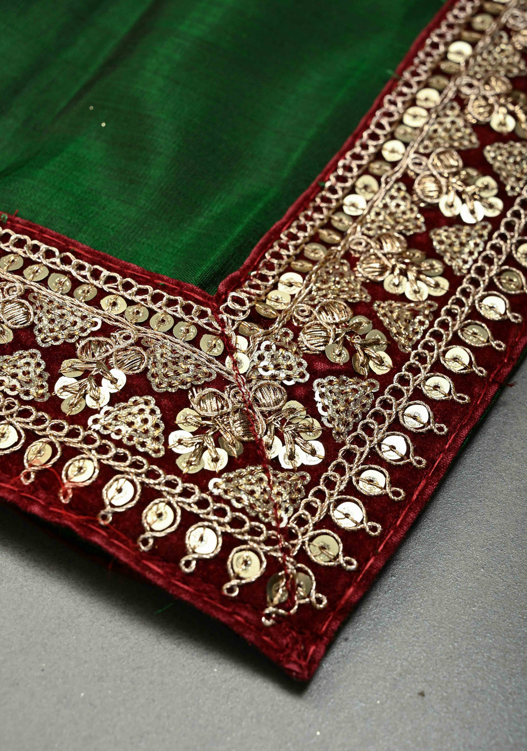 Maroon Zari Checks on Pure Kanjivaram Silk Saree with Zari Buttas on Contrast Panel and Sequins Lace Border | SILK MARK CERTIFIED | SHOBITAM