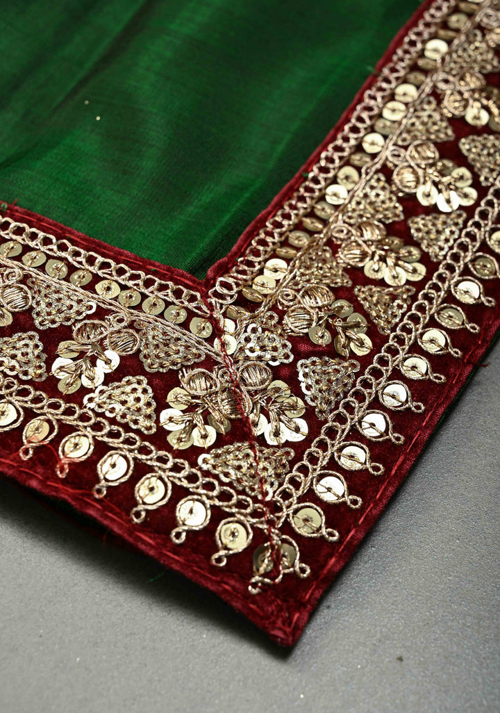 Maroon Zari Checks on Pure Kanjivaram Silk Saree with Zari Buttas on Contrast Panel and Sequins Lace Border | SILK MARK CERTIFIED | SHOBITAM