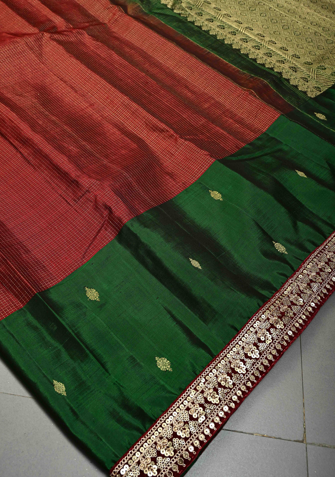 Maroon Zari Checks on Pure Kanjivaram Silk Saree with Zari Buttas on Contrast Panel and Sequins Lace Border | SILK MARK CERTIFIED | SHOBITAM