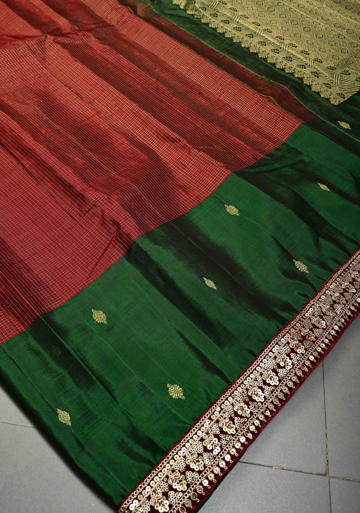 Maroon Zari Checks on Pure Kanjivaram Silk Saree with Zari Buttas on Contrast Panel and Sequins Lace Border | SILK MARK CERTIFIED | SHOBITAM