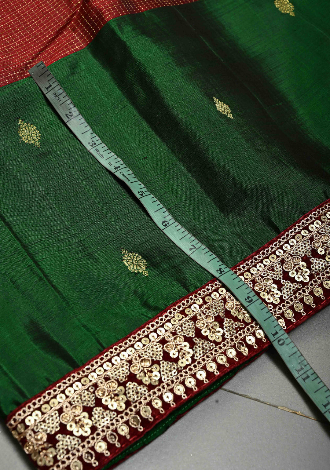 Maroon Zari Checks on Pure Kanjivaram Silk Saree with Zari Buttas on Contrast Panel and Sequins Lace Border | SILK MARK CERTIFIED | SHOBITAM
