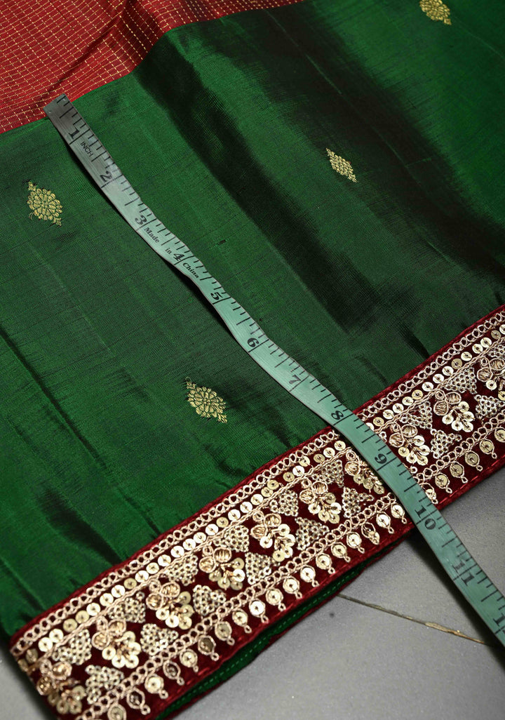 Maroon Zari Checks on Pure Kanjivaram Silk Saree with Zari Buttas on Contrast Panel and Sequins Lace Border | SILK MARK CERTIFIED | SHOBITAM
