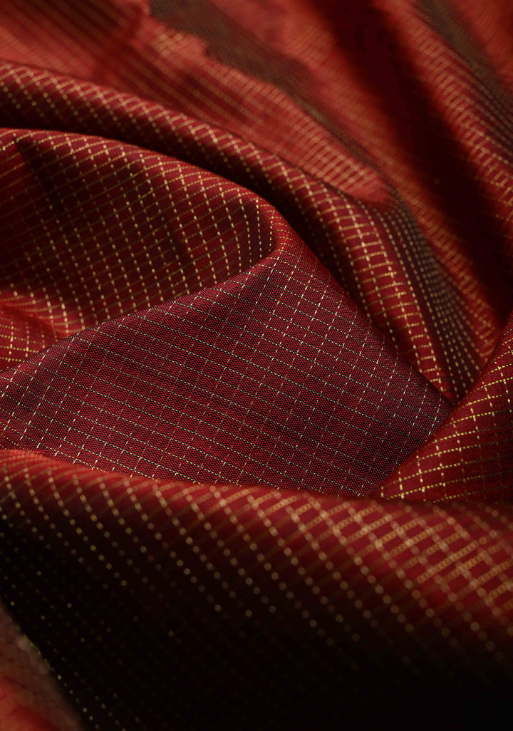 Maroon Zari Checks on Pure Kanjivaram Silk Saree with Zari Buttas on Contrast Panel and Sequins Lace Border | SILK MARK CERTIFIED | SHOBITAM