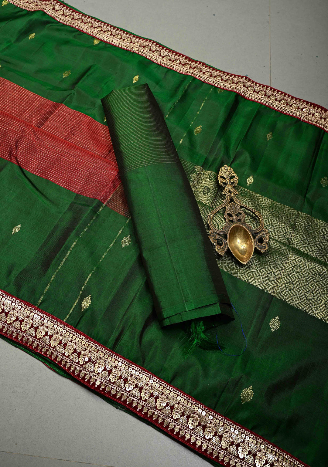 Maroon Zari Checks on Pure Kanjivaram Silk Saree with Zari Buttas on Contrast Panel and Sequins Lace Border | SILK MARK CERTIFIED | SHOBITAM