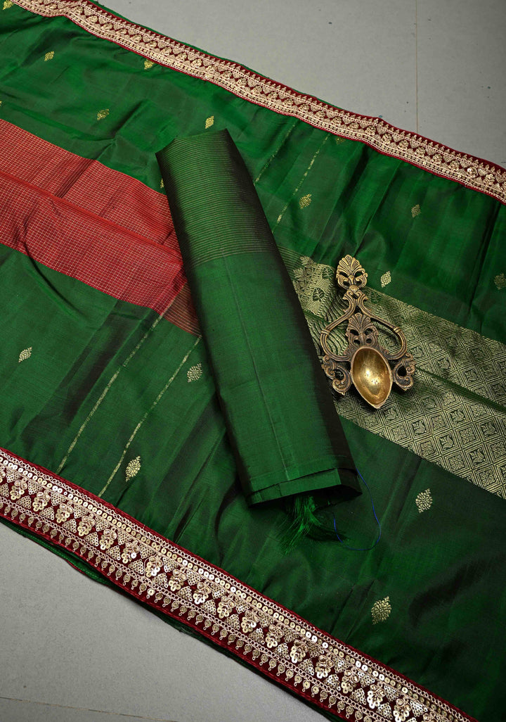 Maroon Zari Checks on Pure Kanjivaram Silk Saree with Zari Buttas on Contrast Panel and Sequins Lace Border | SILK MARK CERTIFIED | SHOBITAM