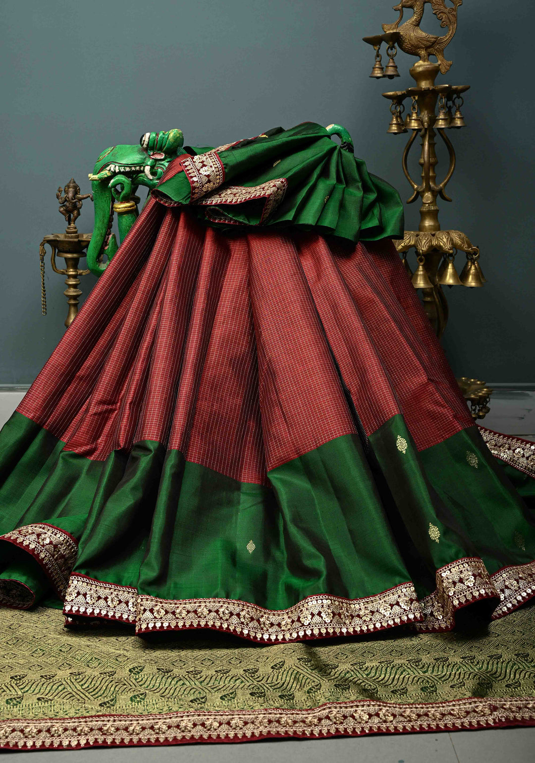Maroon Zari Checks on Pure Kanjivaram Silk Saree with Zari Buttas on Contrast Panel and Sequins Lace Border | SILK MARK CERTIFIED | SHOBITAM