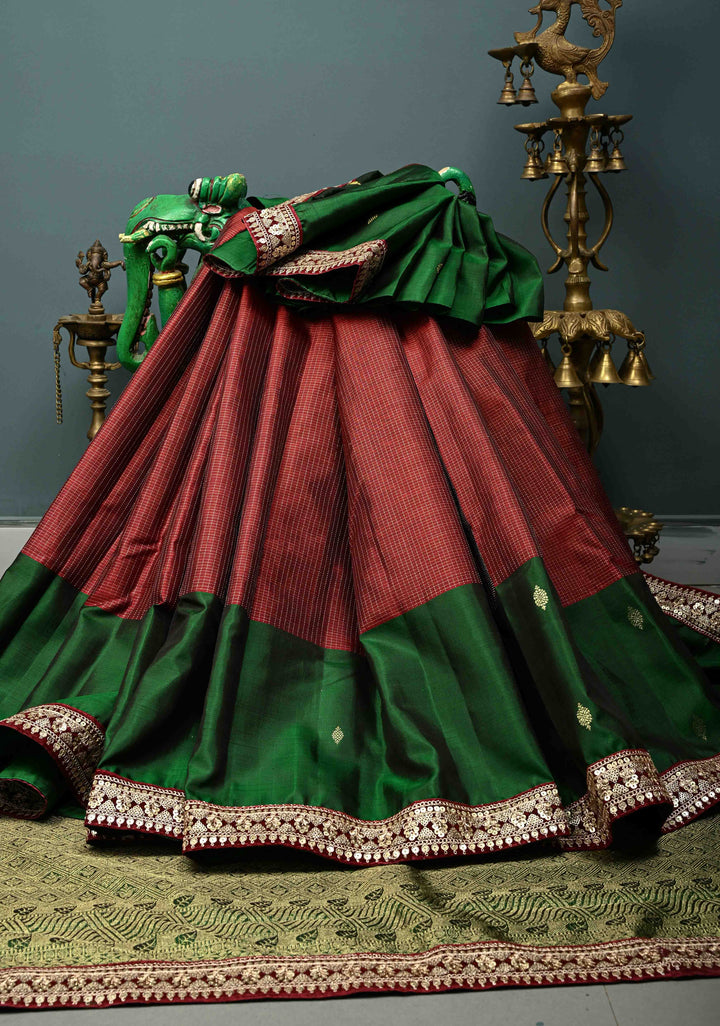 Maroon Zari Checks on Pure Kanjivaram Silk Saree with Zari Buttas on Contrast Panel and Sequins Lace Border | SILK MARK CERTIFIED | SHOBITAM