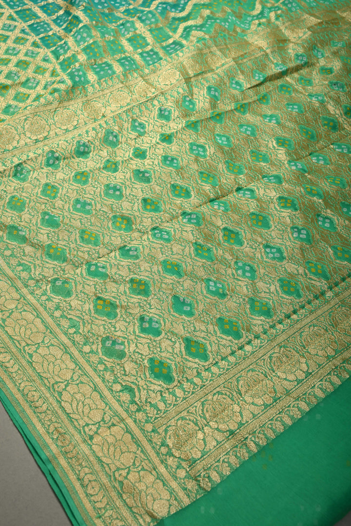 Shades of Green Authentic Ombre Bandhej Georgette Saree with Zari Jaal-Chevron Pattern and Zari Boder | SILK MARK CERTIFIED | SHOBITAM