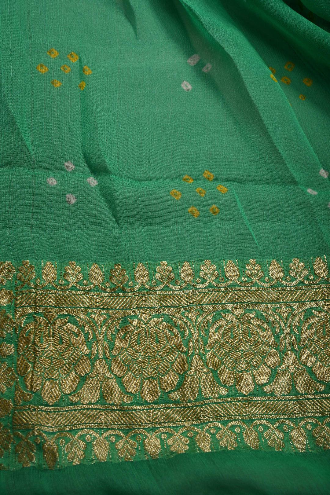 Shades of Green Authentic Ombre Bandhej Georgette Saree with Zari Jaal-Chevron Pattern and Zari Boder | SILK MARK CERTIFIED | SHOBITAM
