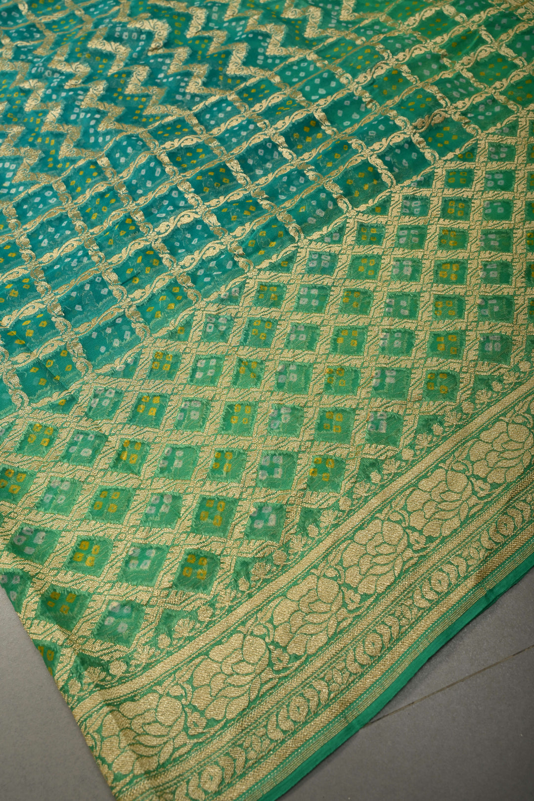 Shades of Green Authentic Ombre Bandhej Georgette Saree with Zari Jaal-Chevron Pattern and Zari Boder | SILK MARK CERTIFIED | SHOBITAM
