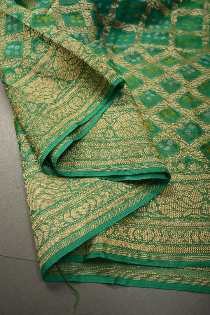 Shades of Green Authentic Ombre Bandhej Georgette Saree with Zari Jaal-Chevron Pattern and Zari Boder | SILK MARK CERTIFIED | SHOBITAM