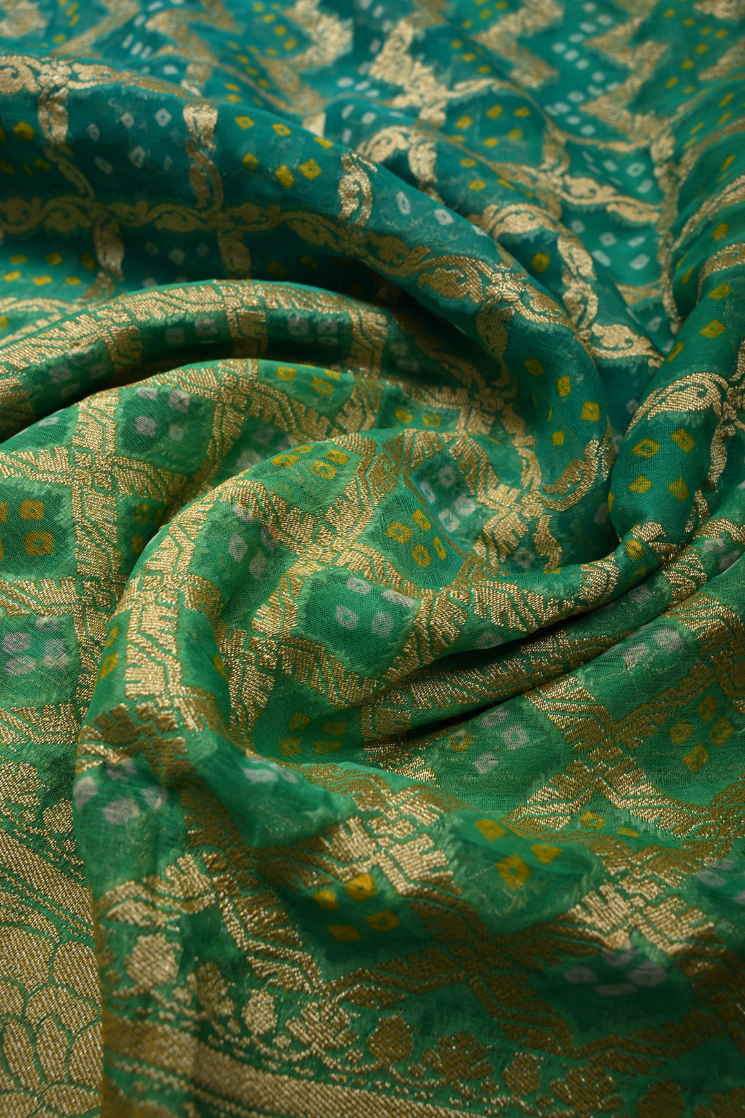Shades of Green Authentic Ombre Bandhej Georgette Saree with Zari Jaal-Chevron Pattern and Zari Boder | SILK MARK CERTIFIED | SHOBITAM