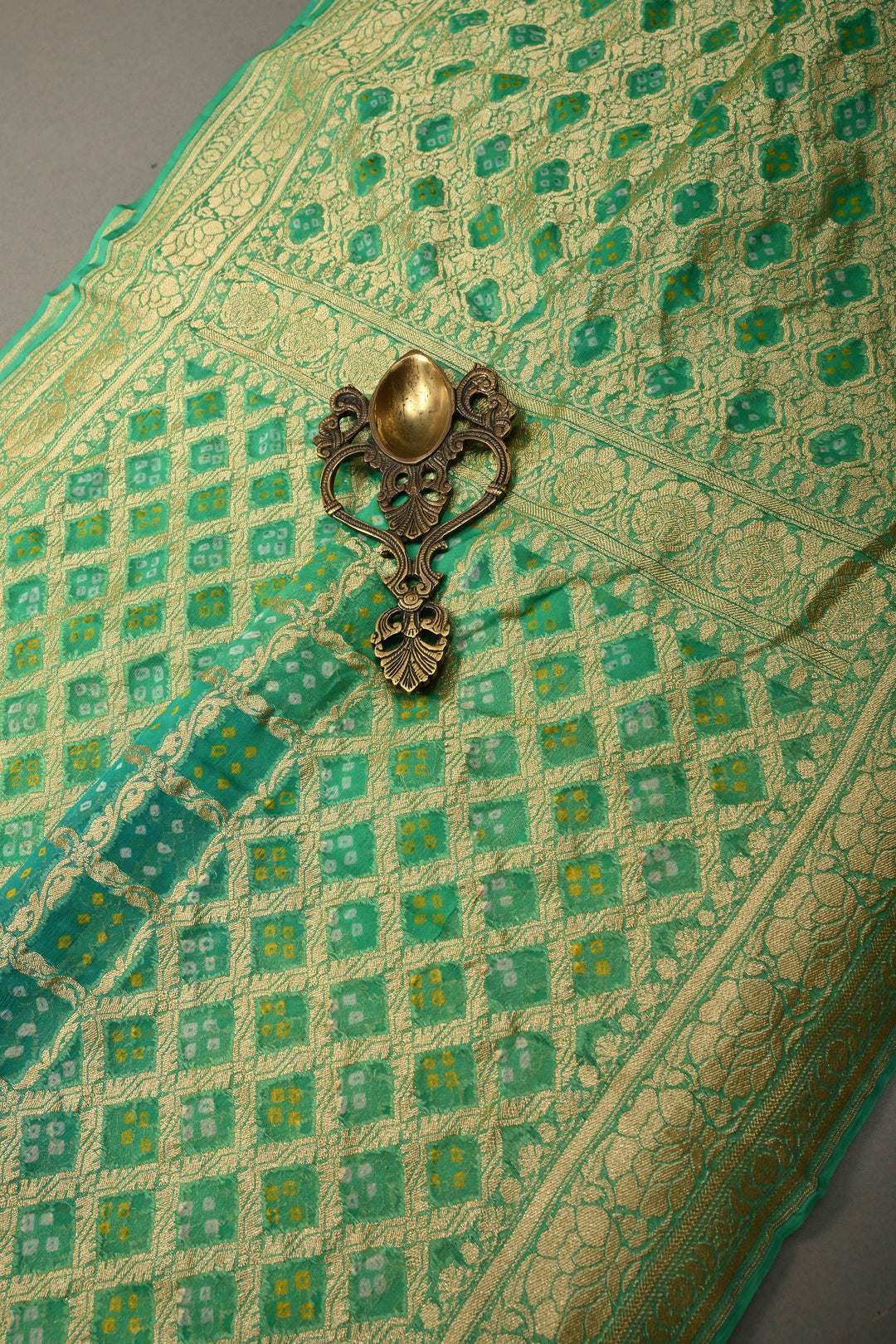 Shades of Green Authentic Ombre Bandhej Georgette Saree with Zari Jaal-Chevron Pattern and Zari Boder | SILK MARK CERTIFIED | SHOBITAM