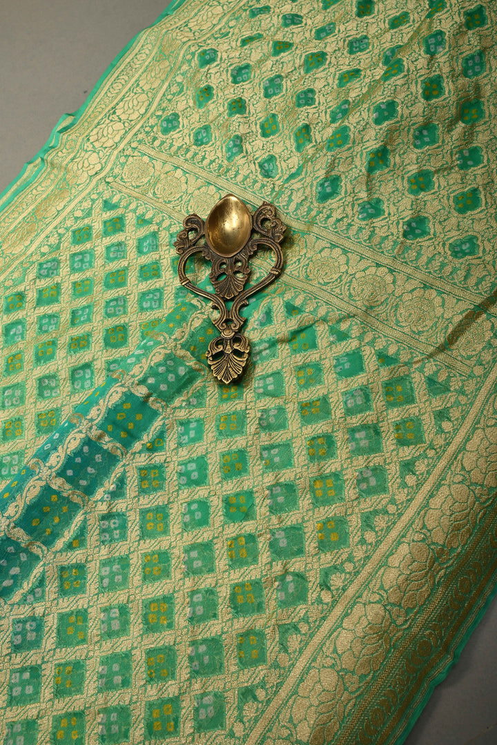 Shades of Green Authentic Ombre Bandhej Georgette Saree with Zari Jaal-Chevron Pattern and Zari Boder | SILK MARK CERTIFIED | SHOBITAM