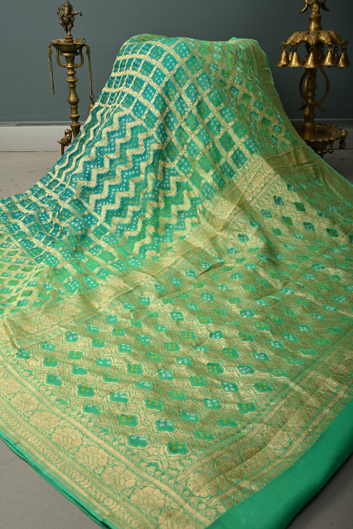Shades of Green Authentic Ombre Bandhej Georgette Saree with Zari Jaal-Chevron Pattern and Zari Boder | SILK MARK CERTIFIED | SHOBITAM