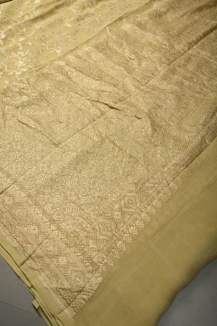 Light Ollive Green Banarasi Silk Georgette Saree with Meenakari Geometric Brocade and Zari Border | SILK MARK CERTIFIED | SHOBITAM