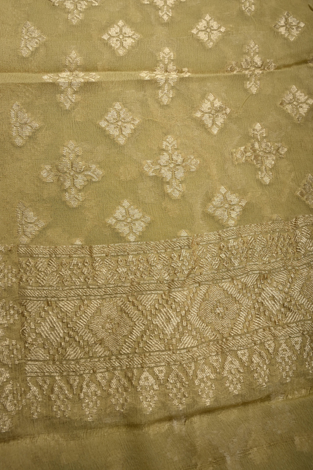 Light Ollive Green Banarasi Silk Georgette Saree with Meenakari Geometric Brocade and Zari Border | SILK MARK CERTIFIED | SHOBITAM
