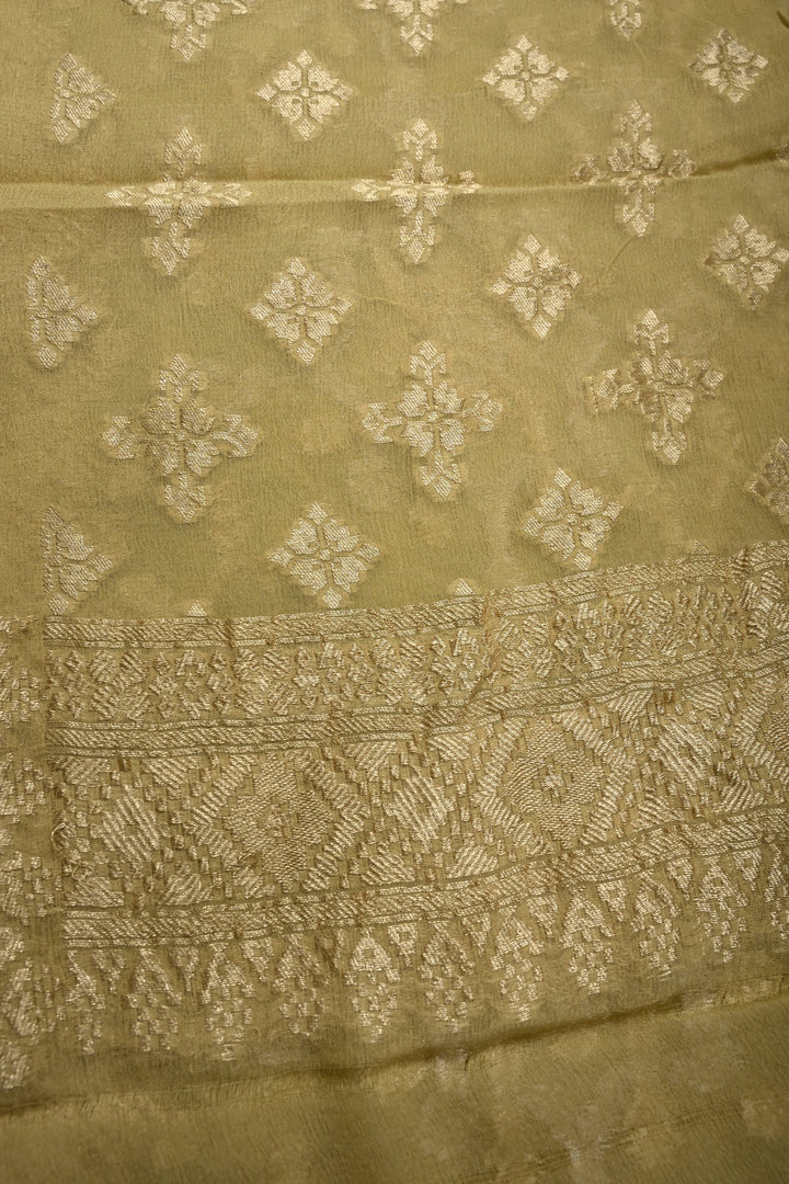 Light Ollive Green Banarasi Silk Georgette Saree with Meenakari Geometric Brocade and Zari Border | SILK MARK CERTIFIED | SHOBITAM