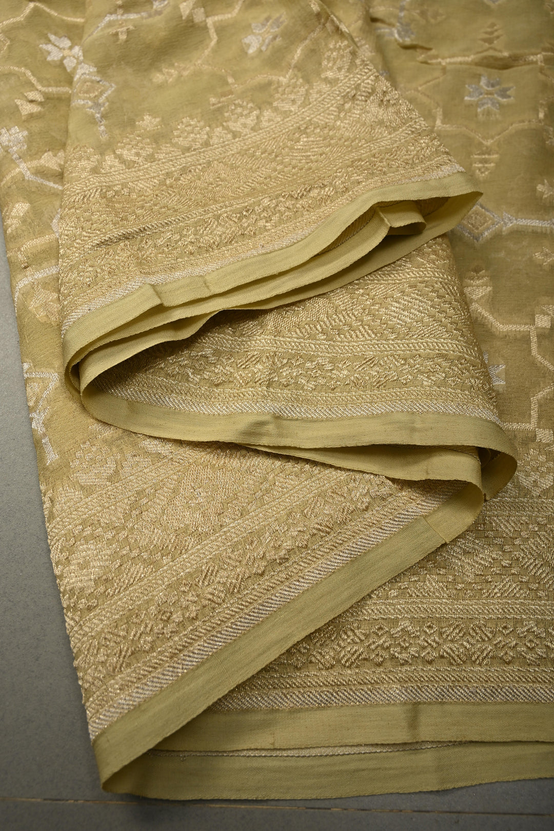 Light Ollive Green Banarasi Silk Georgette Saree with Meenakari Geometric Brocade and Zari Border | SILK MARK CERTIFIED | SHOBITAM