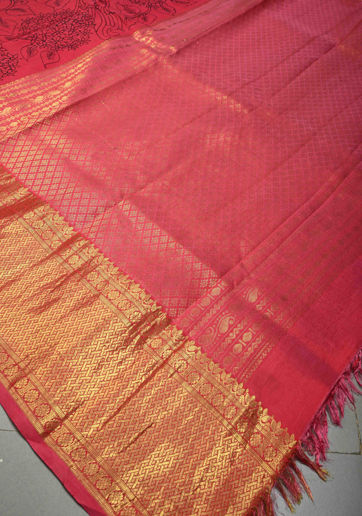 Raspberry Kalamkari Floral Jaal on Semi Silk Saree with Zari Buttas and Zari Border | SHOBITAM