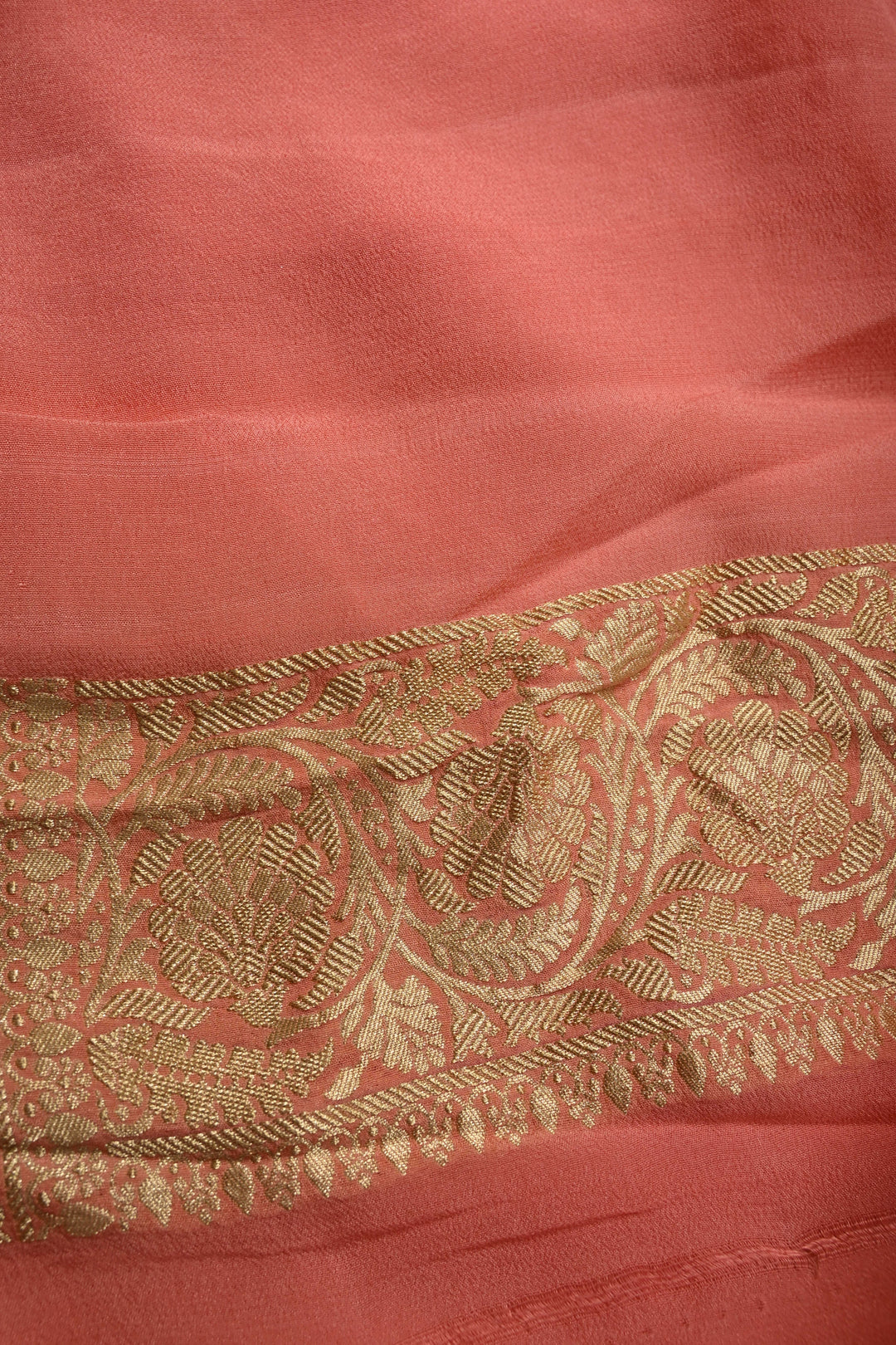 Salmon Pink Banarasi Silk Georgette Saree with Meenakari Floral Brocade Jaal and Zari Border | SILK MARK CERTIFIED | SHOBITAM