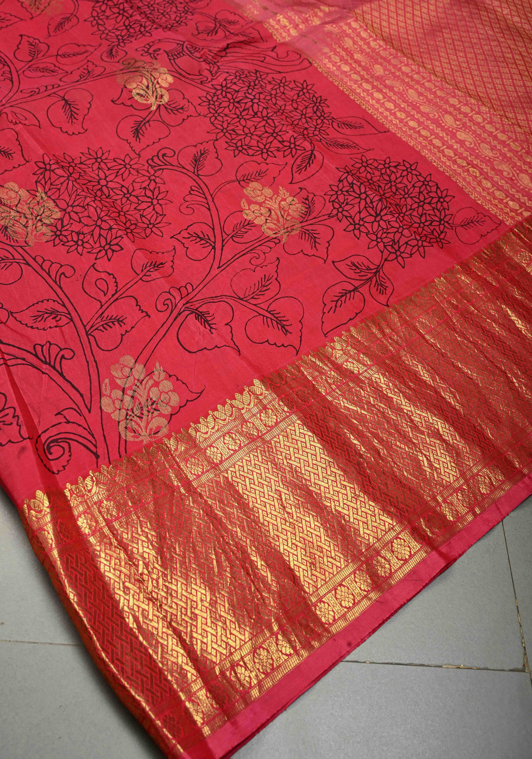 Raspberry Kalamkari Floral Jaal on Semi Silk Saree with Zari Buttas and Zari Border | SHOBITAM