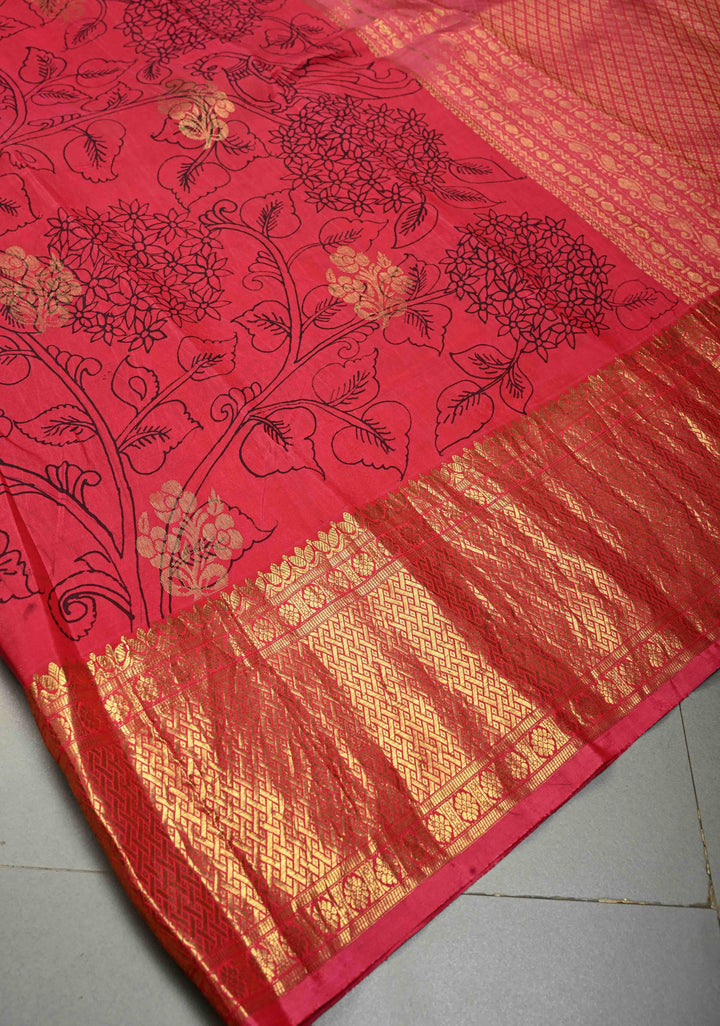 Raspberry Kalamkari Floral Jaal on Semi Silk Saree with Zari Buttas and Zari Border | SHOBITAM